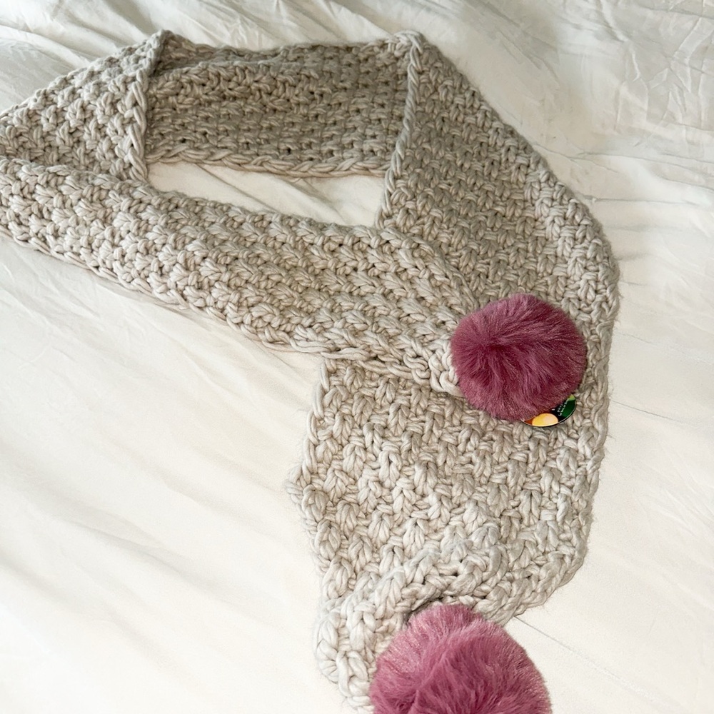 Anthropologie Taupe Knit Scarf with Pink Pom Poms